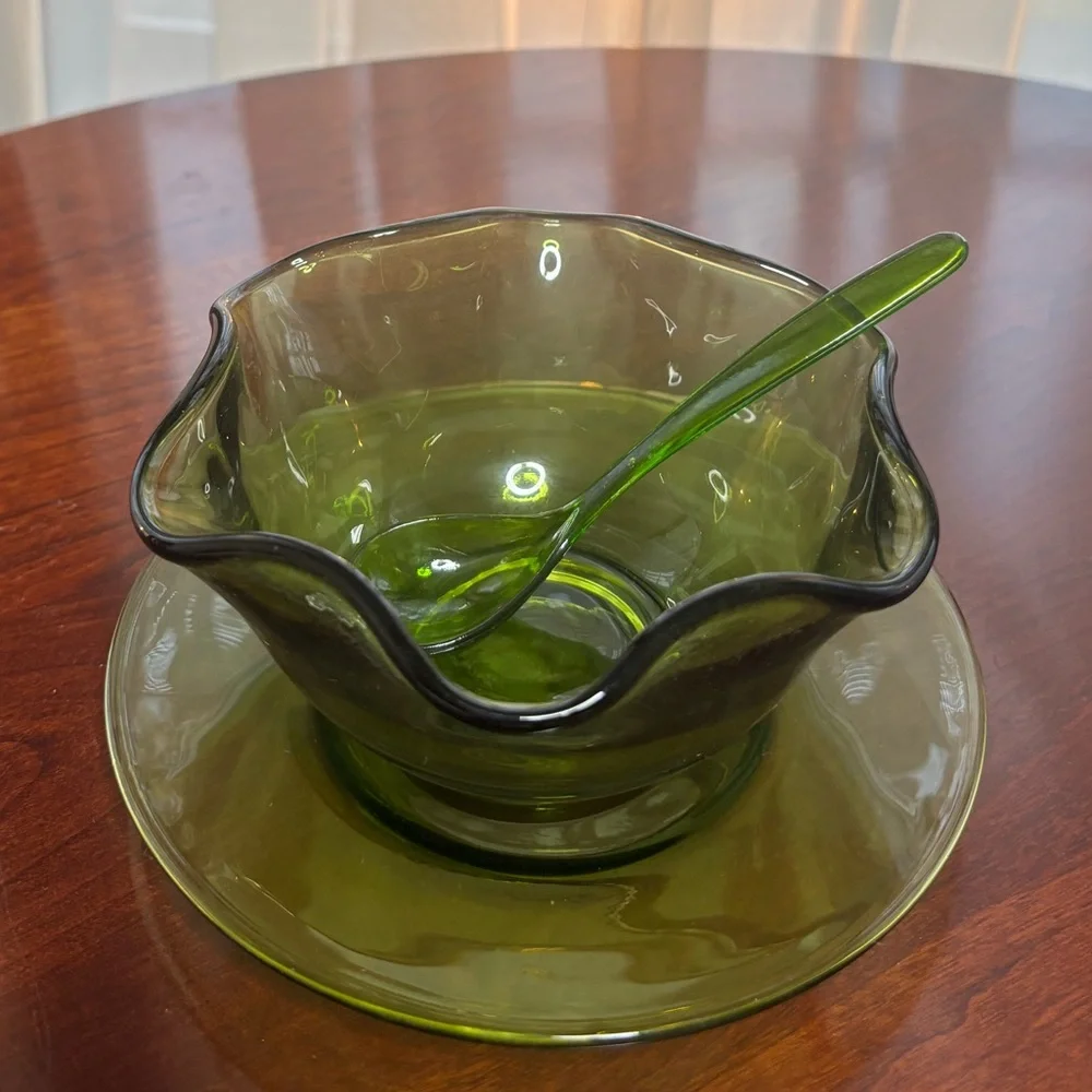 Vintage 70s Green Glass Bowl Plate Serving Spoon Set 1970s Fluted Ribbon Rim MCM